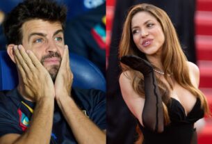 Imagens de Piqué com as mãos no rosto e Shakira mandando beijo