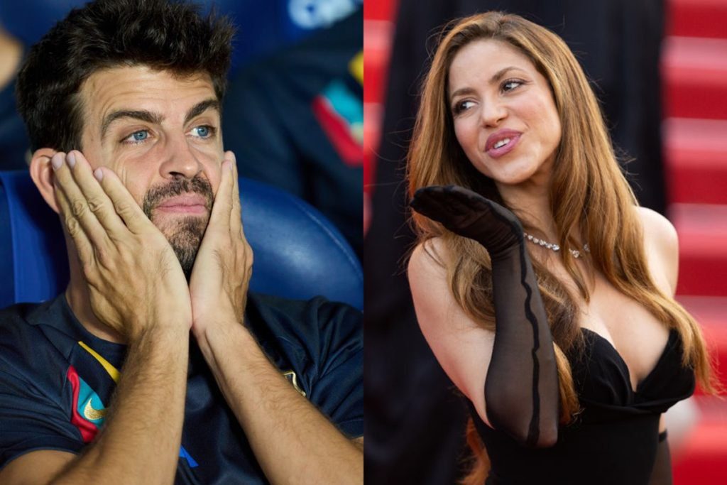 Imagens de Piqué com as mãos no rosto e Shakira mandando beijo