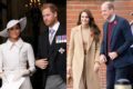 Montagem com Meghan e Harry do lado esquerdo.  Do lado direito, Kate e William aparecem sorrindo