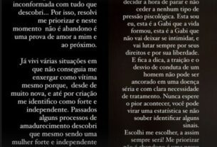 Texto publicado por Gabi Martins sobre a traição.  (Fotos: Reprodução/ Instagram)