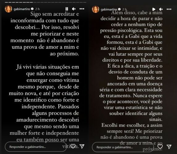 Texto publicado por Gabi Martins sobre a traição.  (Fotos: Reprodução/ Instagram)