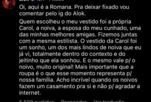 Romana usou o perfil do marido, Alok, para rebater críticas sobre seu vestido (Foto: Reprodução/Instagram)