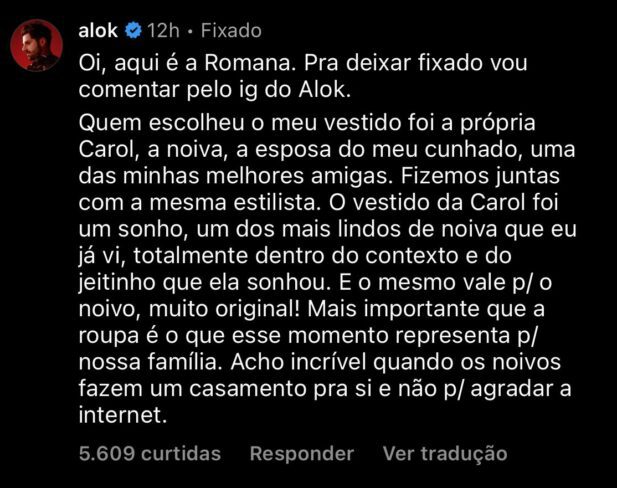 Romana usou o perfil do marido, Alok, para rebater críticas sobre seu vestido (Foto: Reprodução/Instagram)